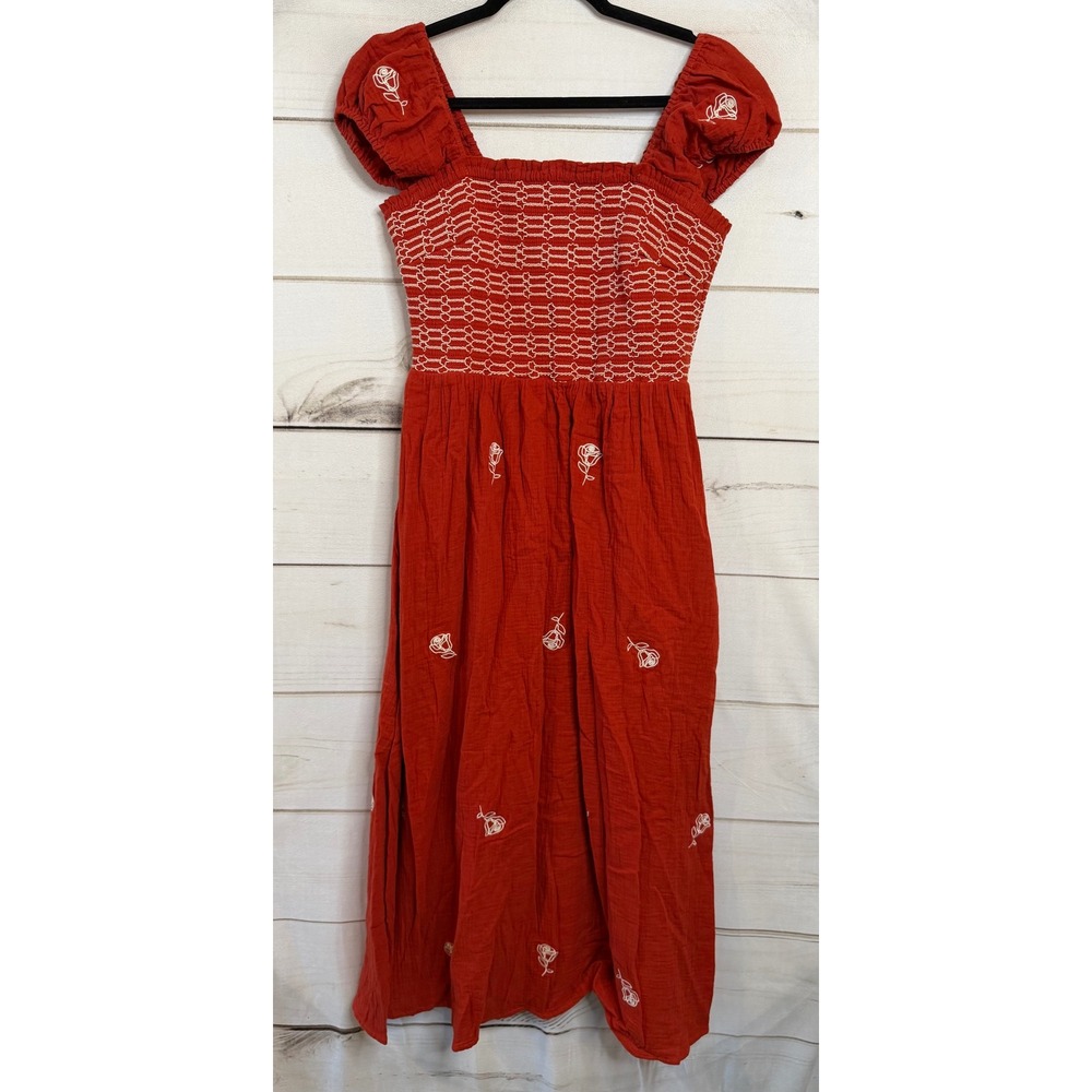 Entro Brick Red Smocked Embroidered Rose Floral Midi Dress Square Neck Large